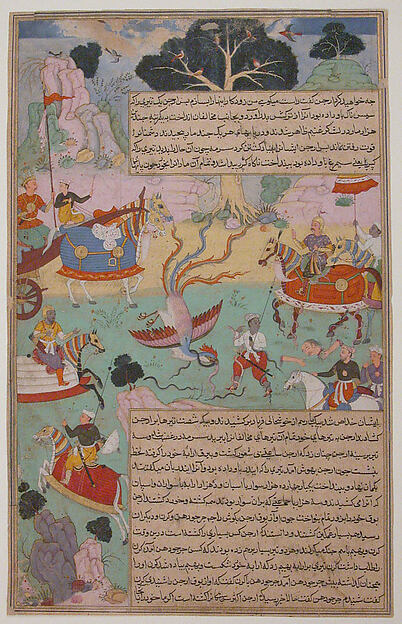 "Fighting Arjuna, Susarma Unleashes the Suparna Weapon which Invokes Garuda", Folio from a Razmnama