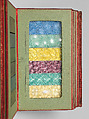 Album des principaux modeles de verres : produits spéciaux en verre coulé, Manufactures des glaces &amp; produits chimiques de Saint-Gobain, Chauny &amp; Cirey, Cloth cover binding. Twelve double boards cloth hinged with embedded glass samples