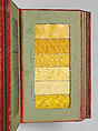 Album des principaux modeles de verres : produits spéciaux en verre coulé, Manufactures des glaces &amp; produits chimiques de Saint-Gobain, Chauny &amp; Cirey, Cloth cover binding. Twelve double boards cloth hinged with embedded glass samples
