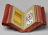 Album des principaux modeles de verres : produits spéciaux en verre coulé, Manufactures des glaces & produits chimiques de Saint-Gobain, Chauny & Cirey, Cloth cover binding. Twelve double boards cloth hinged with embedded glass samples