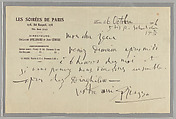 Documents concerning Parade: [Handwritten letter, from Picasso to Cocteau, dated October 6, 1916], Pablo Picasso  Spanish