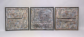 Triptych, Yuri Kuper (British, born Moscow, 1940), Oil, wood, glass, pen nibs, and ceramic plate on canvas