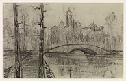 Untitled (River Landscape with Bridge), Piet Mondrian (Dutch, Amersfoort 1872–1944 New York), Black chalk on postcard