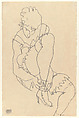 Woman Buttoning Her Shoes (recto); Study for Reclining Nude with Arms Raised (verso), Egon Schiele (Austrian, Tulln 1890–1918 Vienna), Charcoal on paper (recto) ; Graphite on paper (verso)