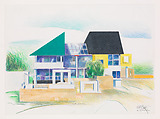 Executed Design, May 1988: South Perspective (under construction), Daniel Wolf Residence, Ridgway, Colorado, Ettore Sottsass Italian, born Austria, Graphite, colored pencil, and wax crayon on paper