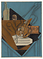 The Musician’s Table, Juan Gris (Spanish, Madrid 1887–1927 Boulogne-sur-Seine), Conté crayon, wax crayon, gouache, cut-and-pasted printed wallpaper, blue and white laid papers, transparentized paper, newspaper, and brown wrapping paper; selectively varnished on canvas