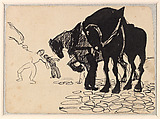 Three Horses Tended by Men; Stone Pavement (recto); Horses and Figures in a Landscape (verso), Umberto Boccioni (Italian, Reggio 1882–1916 Sorte), Pen and brush and black ink on paper