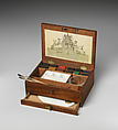 Artist's watercolor paint box, Ackermann & Co., London (British, active 1829–55), Wood with brass hardware, engraving affixed to cover, hard cake watercolors, porcelain well and palette and glass water jar, British