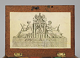Artist's watercolor paint box, Ackermann &amp; Co., London (British, active 1829–55), Wood with brass hardware, engraving affixed to cover, hard cake watercolors, porcelain well and palette and glass water jar, British