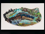 Oval Memory Series II: Castle Dragon, Howardena Pindell  American, Cut and pasted postcards, tempera, opaque watercolor, fluorescent paint, punched papers, nails and thread on foam board mounted on matboard