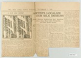 Clipping, "Artists Localize our Silk Designs" with image “Manhattan” silk, Clayton Knight American, Newspaper