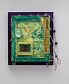 "Homage to Cy Twombly and Joseph Cornell" Brooch in book, William Harper (American, born Bucyrus, Ohio, 1944), Brooch: 14K gold, 18K gold, 24K gold, gold cloisonné enamel on gold and silver, sterling silver, tourmaline, coral, agate, Mexican opal, and pearl
Book: Leather and mixed media