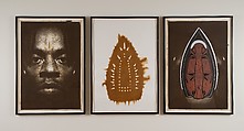 Man Spirit Mask, Willie Cole (American, born Newark, New Jersey, 1955), Left panel: Photo-etching, embossing and hand coloring
Middle panel: silkscreen with lemon juice and scorching
Right panel: photo etching and woodcut