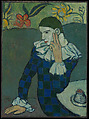 Seated Harlequin, Pablo Picasso Spanish, Oil on canvas, lined and mounted to a sheet of pressed cork