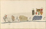 The Parade, Saul Steinberg (American (born Romania), Râmincul-Sarat 1914–1999 New York), Pen and black ink, watercolor, wax crayon, and gold paper on paper