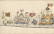 The Parade, Saul Steinberg (American (born Romania), Râmincul-Sarat 1914–1999 New York), Pen and black ink, watercolor, wax crayon, and gold paper on paper