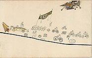 The Parade, Saul Steinberg (American (born Romania), Râmincul-Sarat 1914–1999 New York), Pen and black ink, watercolor, wax crayon, and gold paper on paper