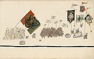 The Parade, Saul Steinberg (American (born Romania), Râmincul-Sarat 1914–1999 New York), Pen and black ink, watercolor, wax crayon, and gold paper on paper