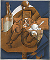Cup, Glasses, and Bottle (Le Journal), Juan Gris (Spanish, Madrid 1887–1927 Boulogne-sur-Seine), Conté crayon, gouache, oil, cut-and-pasted newspaper, white laid paper, printed wallpaper (three types), selectively varnished; adhered overall onto a sheet of newspaper, mounted to primed canvas