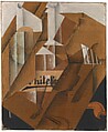 The Bottle, Juan Gris (Spanish, Madrid 1887–1927 Boulogne-sur-Seine), Conté crayon, wax crayon, gouache, watercolor, cut-and-pasted newspaper, printed wallpaper (two types), white, brown, and tan wove cut papers; adhered overall onto newspaper, mounted to primed canvas