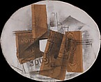 Bottle, Glass, and Newspaper, Georges Braque (French, Argenteuil 1882–1963 Paris), Charcoal and cut-and-pasted newspaper and printed wallpaper on gessoed paperboard (commercial board from mirror backing)