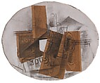 Bottle, Glass, and Newspaper, Georges Braque (French, Argenteuil 1882–1963 Paris), Collage of cut found printed newspapers and cut found printed wallpaper, charcoal, and gesso on board