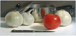 Onions and Tomato, Mary Ann Currier  American, Oil pastel on mat board