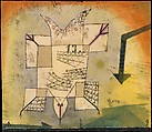 Falling Bird, Paul Klee German, born Switzerland, Watercolor, transferred printing ink, and ink on paper, bordered with ink, mounted on cardboard
