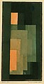 Tower in Orange and Green, Paul Klee  German, born Switzerland, Watercolor, ink, and graphite on paper, bordered with ink, mounted on cardboard