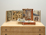 Boîte-en-valise, Marcel Duchamp (American (born France), Blanville 1887–1968 Neuilly-sur-Seine), Leather valise containing a box with 69 reproductions and an original item, La Fourchette du Cavalier (card, cut out, with chicken wire inserted)
