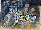 The Space Ship, Tulio Diaz Venezuelan, Matte, opaque paint, watercolor, black ink, and acrylic paint on paper