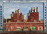 Crossing the Williamsburg Bridge, Willie Birch American, Gouache on paper, in artist-made painted papier-mâché frame