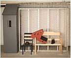 Seven Rooms of Hospitality: Room for Deportees, Siah Armajani  Iranian, Metal, wood, razor wire, mailbox, hat, and purse