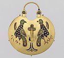 Temple Pendant with Two Birds Flanking a Tree of Life (front) and Geometric Lead Motifs (back), Gold, silver, and enamel worked in cloisonné, Kyivan Rus’