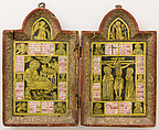 Reliquary Diptych, Verre églomisé, painted and gilded wood, parchment, and possible human remains, Italian