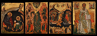 Four Icons from a Pair of Doors (Panels), possibly part of a Polyptych: John the Theologian and Prochoros, the Baptism (Epiphany), Harrowing of Hell (Anastasis), and Saint Nicholas, Tempera and gold on wood, Byzantine