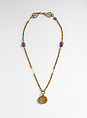Gold Necklace with Gold Cross, Two Amethysts, and an Emerald Plasma, Gold, amethyst, emerald plasma, Byzantine
