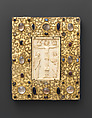 Panel with Byzantine Ivory Carving of the Crucifixion, Silver-gilt with pseudo-filigree, glass, crystal, and sapphire cabochons, ivory on wood support, Byzantine (ivory); Spanish (setting)