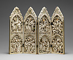 Folding Devotional Shrine with Scenes from Christ's Passion, Elephant Ivory, with modern paint, gilding, and metal mounts, French or German
