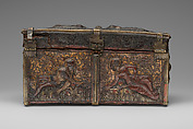 Coffret, Embossed leather, walnut, gilding, polychromy, copper alloy and iron fittings, French