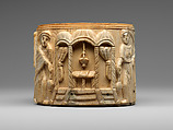 Circular Box (Pyxis) with the Women at Jesus' Tomb, Elephant ivory with metalwork and paint, Byzantine