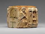 Circular Box (Pyxis) with the Women at Jesus' Tomb, Elephant ivory with metalwork and paint, Byzantine