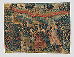 Vanity Sounds the Horn and Ignorance Unleashes the Hounds Overconfidence, Rashness, and Desire (from The Hunt of the Frail Stag), Wool warp, wool and silk wefts, one place embroidered in wool yarn, South Netherlandish