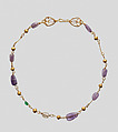 Gold Necklace with Amethysts, Glass, and Gold Beads, Gold, amethyst, (colored glass or rock crystal and emerald) beads, Byzantine