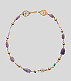 Gold Necklace with Amethysts, Glass, and Gold Beads, Gold, amethyst, (colored glass or rock crystal and emerald) beads, Byzantine