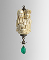 Rosary Terminal Bead with Lovers and Death's Head, Elephant ivory, with emerald pendant, silver-gilt mount, North French or South Netherlandish