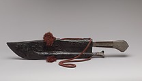 Hunting Knife, Sharpener, and Sheath, Workshop of Louis Marcy (Luigi Parmeggiani) (Italian, 1860–1945) (?), Steel, wood, silver-gilt, champlevé enamel, Sheath-Cuir bouilli (tooled leather), red cord, French