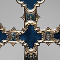 Processional Cross, Translucent Champlevé enamel, silver, partial-gilt, modern glass and velvet, Italian
