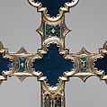 Processional Cross, Translucent Champlevé enamel, silver, partial-gilt, modern glass and velvet, Italian