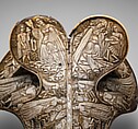 Saddle, Bovine bone (body of saddle), deer antler and bone (decorative elements), limewood, rawhide, birchbark, and metal paint, Central European